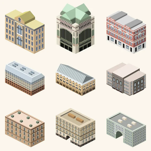 Vector Collection Isometric Buildings Isolated Icons Set — Stock Vector