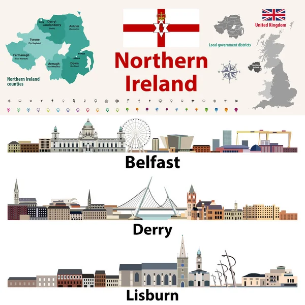 北爱尔兰各县地图和最大城市天际线 矢量集 — 图库矢量图片