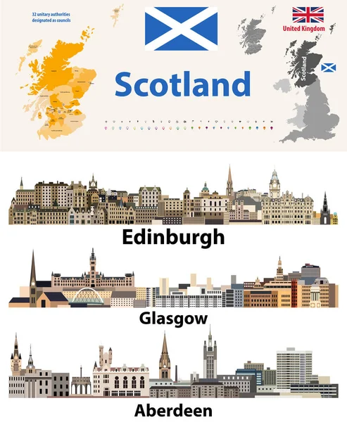 Mapa Las Subdivisiones Escocia Autoridades Unitarias Horizonte Las Ciudades Más — Vector de stock