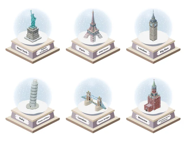 Vector Isometric Snow Globes World Famous Landmarks Collection Christmas Illustrations — Stock Vector