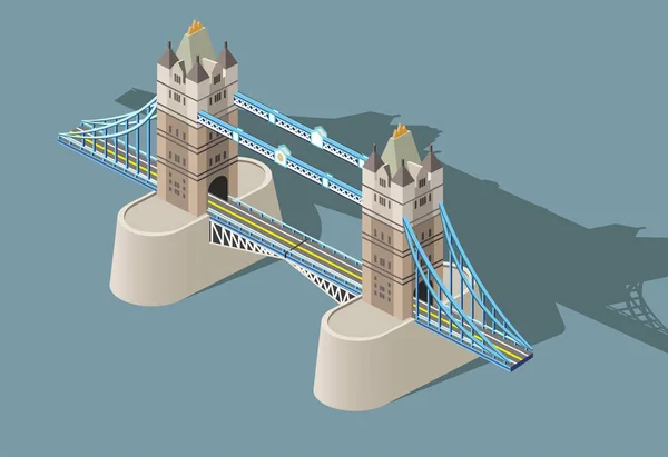 塔桥的矢量3D 等距图标与平面风格的彩色背景和阴影 — 图库矢量图片