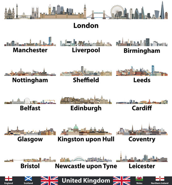 United Kingdom largest cities skylines vector set. Flags of United Kingdom,  England, Scotland, Wales and Northern Ireland