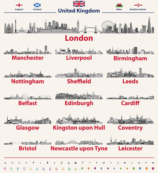 United Kingdom largest cities skylines in black and white color palette. All elements separated in editable and detachable layers. Vector illustration