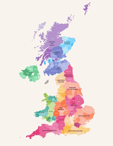Vereinigtes Königreich Verwaltungsbezirke Hohe Detaillierte Vektorkarte Eingefärbt Nach Regionen Mit — Stockvektor
