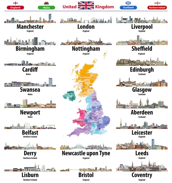 Reino Unido Cidades Skylines Ícones Mapa Detalhado Reino Unido Com —  Vetores de Stock