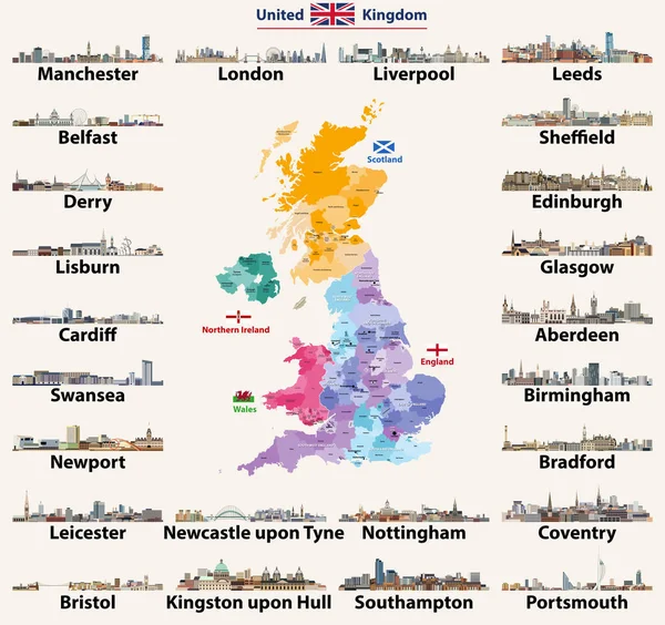 イギリスの都市のスカイライン イギリスの国 イギリス ウェールズ スコットランド 北アイルランド と地域枠の詳細地図 — ストックベクタ
