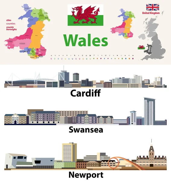 País Gales Cidades Países Boroughs País Mapa Galês Maiores Cidades —  Vetores de Stock