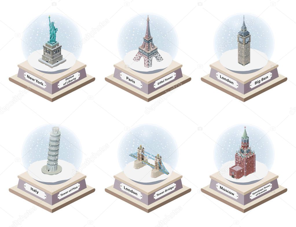Vector 3d isometric snow globes with world famous landmarks inside. Collection of christmas illustrations isolated on white background