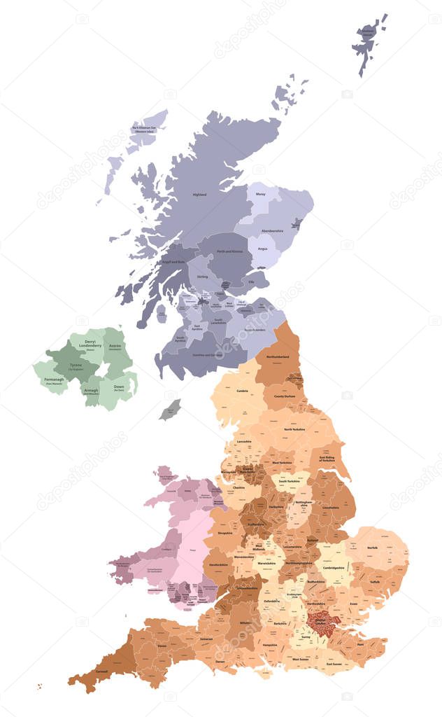 United Kingdom administrative districts vector high detailed map colored by regions and counties