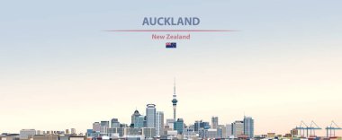 Yeni Zelanda bayrağı ile Auckland şehir manzarası renkli gradyan güzel gün gökyüzü arka plan üzerinde vektör soyut çizim