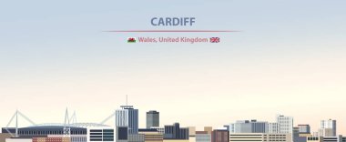 Cardiff şehir manzarası renkli gradyan güzel gün gökyüzü arka plan üzerinde vektör soyut çizim ile Galler ve İngiltere bayrakları