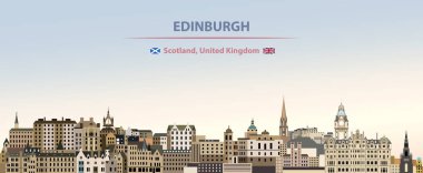 Edinburgh şehir manzarası renkli gradyan güzel gün gökyüzü arka plan üzerinde vektör soyut çizim ile İskoçya ve İngiltere bayrakları