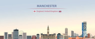 Manchester şehir manzarası renkli gradyan güzel gün gökyüzü arka plan üzerinde vektör soyut çizim ile İngiltere ve İngiltere bayrakları