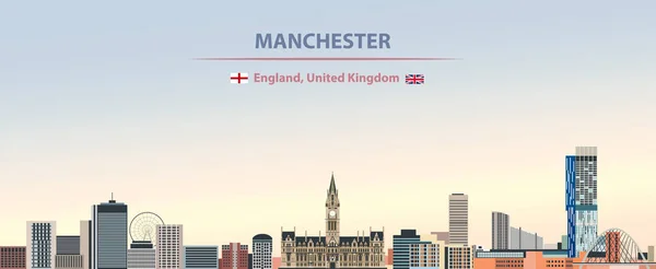 曼彻斯特城市天际线的向量抽象例证在五颜六色的梯度美丽的天天空背景与英国和英国的旗子 — 图库矢量图片