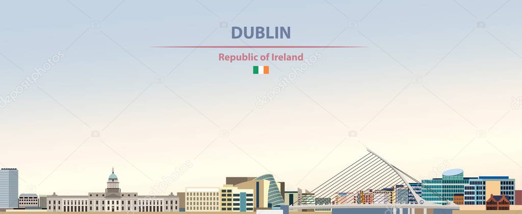 Vector illustration of Dublin city skyline on colorful gradient beautiful day sky background with flag of Republic of Ireland