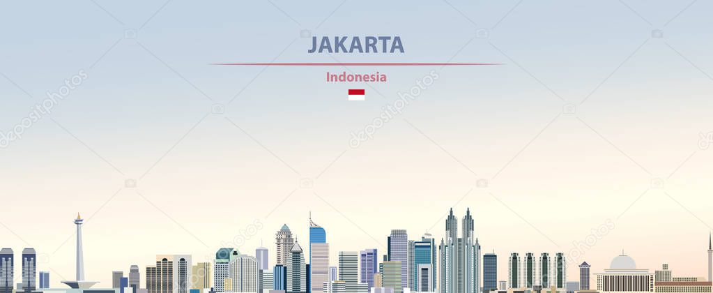 Vector illustration of Jakarta city skyline on colorful gradient beautiful day sky background with flag of Indonesia