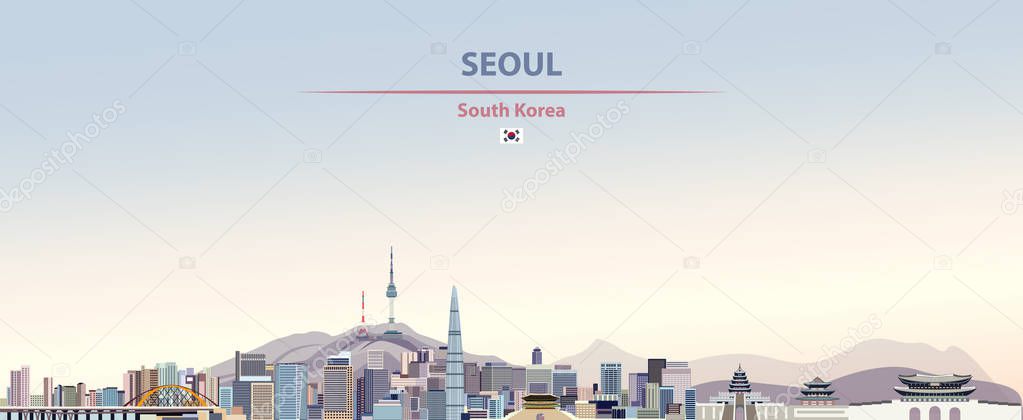 Vector abstract illustration of Seoul city skyline on colorful gradient beautiful day sky background with flag of South Korea
