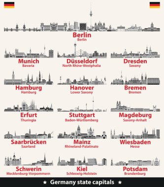 Almanya eyalet başkentleri yazılmış detaylı silüetini vektör. 
