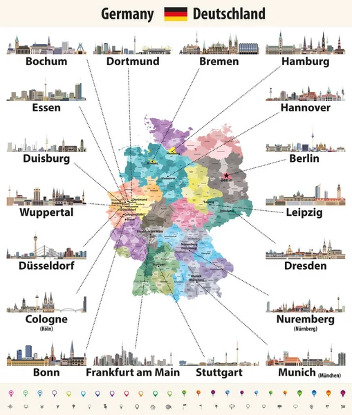 Ilustracja Wektorowa Niemcy Wysokiej Szczegółowe Mapy Największych Miast Skylines Ikony — Wektor stockowy