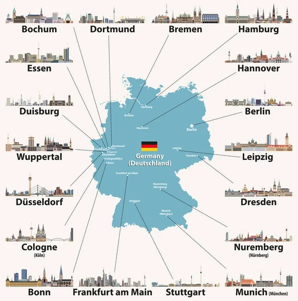 Німеччина Карта Найбільших Міст Силуети Іконками Векторні Ілюстрації — стоковий вектор