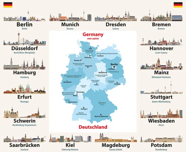 Germania Hartă Capitalele Stat Orașe Orizonturi Ilustrație Vectorială Toate Straturile — Vector de stoc
