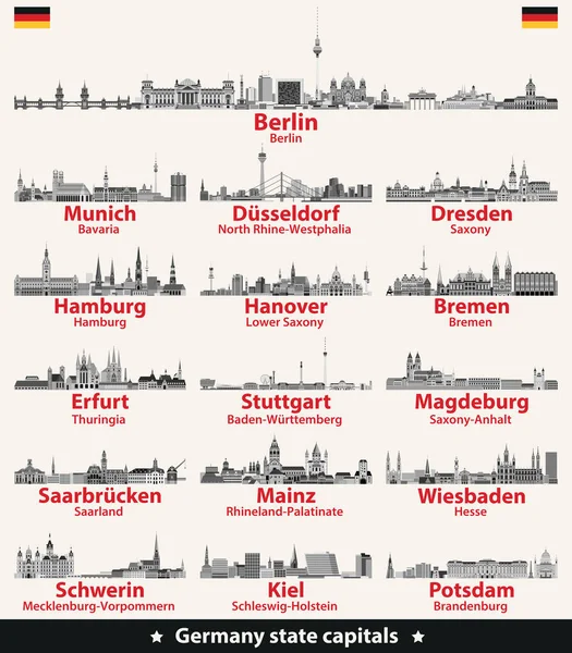 Germany State Capitals Black White Vector Detailed Skylines — Stock Vector