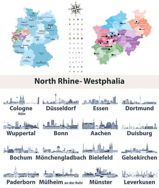 vector map of Germany with state Norrth Rhine-Westphalia map separately with largest cities skylines icons in tints of blue color palette