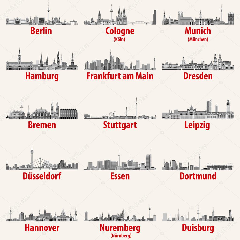 Germany cities skylines icons in black and white color palette vector set