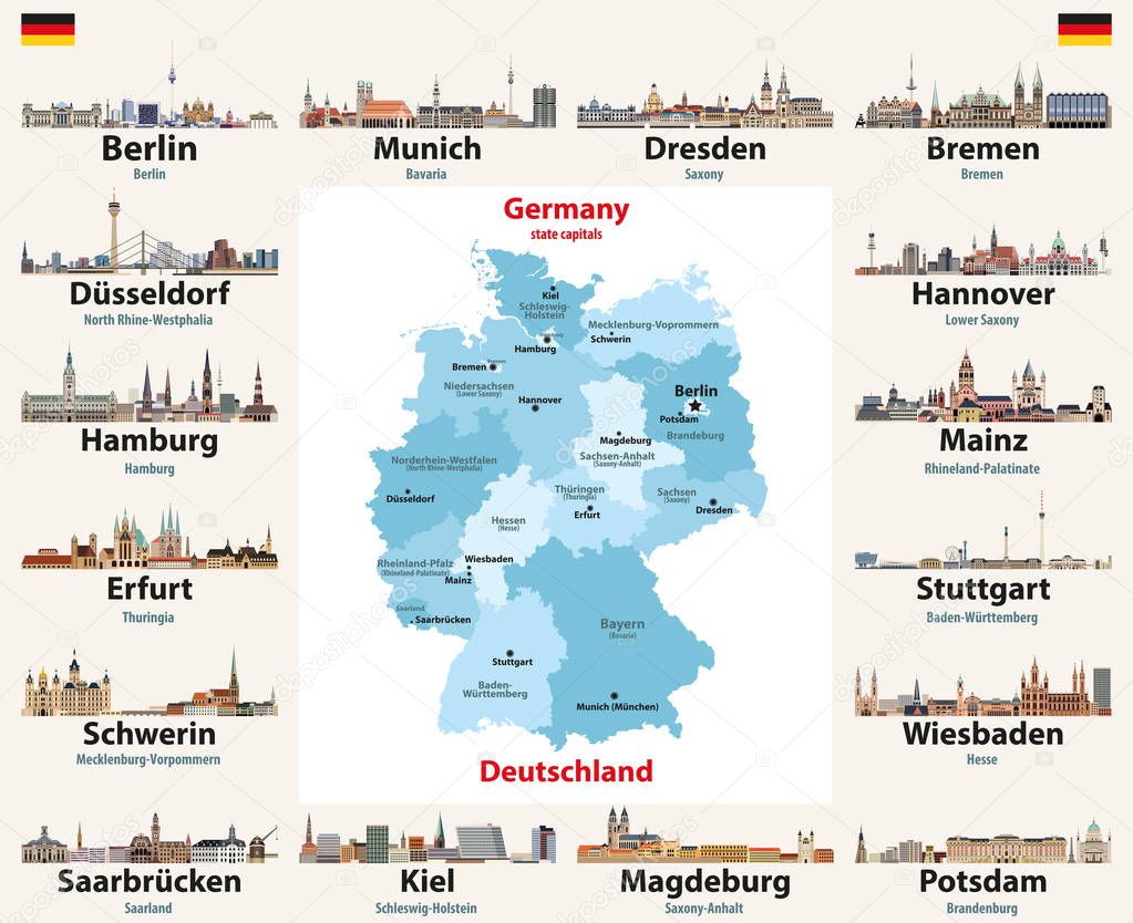 Germany map with state capitals cities skylines vector illustration. All layers are labelled, editable and well organized