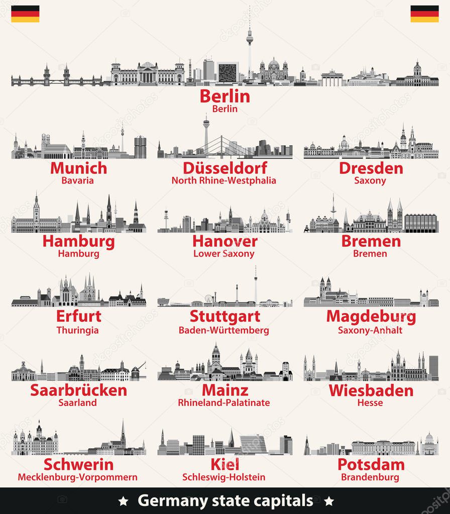 Germany state capitals black and white vector detailed skylines. 
