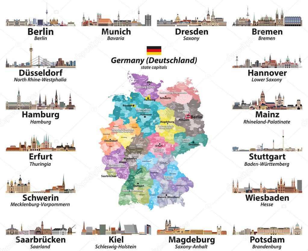 Vector set of Germany map with state capitals cities skylines. All layers are labelled and well organized