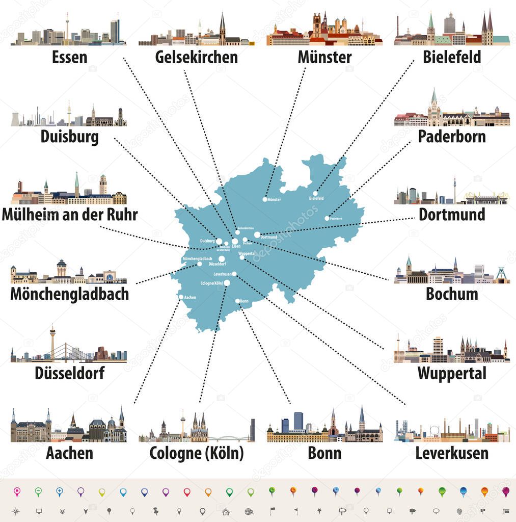 vector map of Germany state Norrth Rhine-Westphalia with largest cities skylines