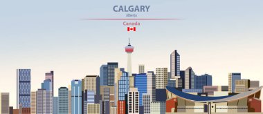 Calgary şehir manzarası renkli gradyan güzel gün gökyüzü arka plan üzerinde vektör çizim Kanada bayrağı ile