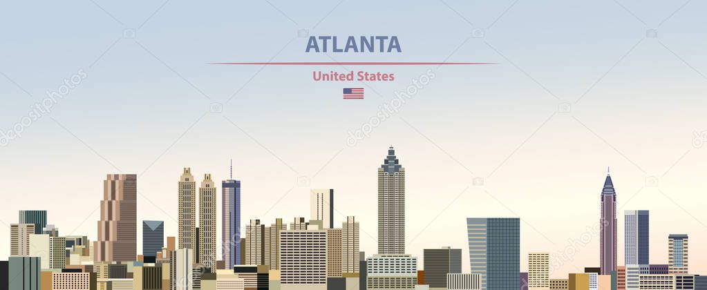 Vector illustration of Atlanta city skyline on colorful gradient beautiful day sky background with flag of United States