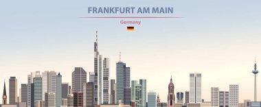 Frankfurt am Main şehir manzarası renkli gradyan güzel gün gökyüzü arka plan üzerinde vektör poster Almanya bayrağı ile