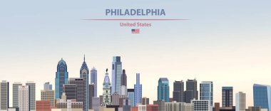 Philadelphia şehir manzarası renkli gradyan güzel gün gökyüzü arka plan üzerinde vektör çizim ile Amerika Birleşik Devletleri bayrağı