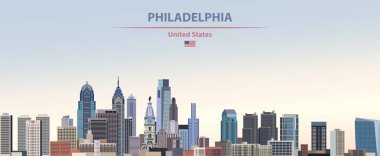 Vector illustration of Philadelphia city skyline on colorful gradient beautiful day sky background with flag of United States clipart