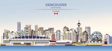 Vancouver şehir manzarası renkli gradyan güzel gün gökyüzü arka plan üzerinde vektör çizim Kanada bayrağı ile