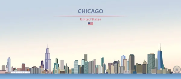 芝加哥城市天际线的向量例证在五颜六色的梯度美丽的天天空背景与美国的旗子 — 图库矢量图片