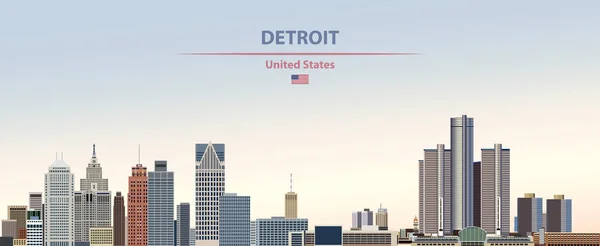 アメリカ合衆国の国旗とカラフルなグラデーションの美しい日空を背景にデトロイト市のスカイラインのベクトル図 — ストックベクタ