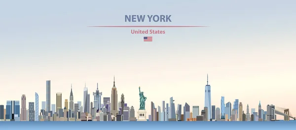 纽约城市天际线的向量例证在五颜六色的梯度美丽的天天空背景与美国的旗子 — 图库矢量图片