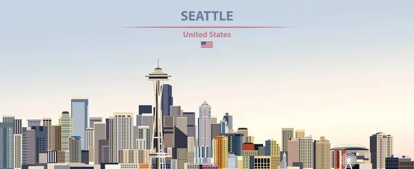 西雅图城市天际线的向量抽象例证在五颜六色的梯度美丽的天天空背景与美国的旗子 — 图库矢量图片
