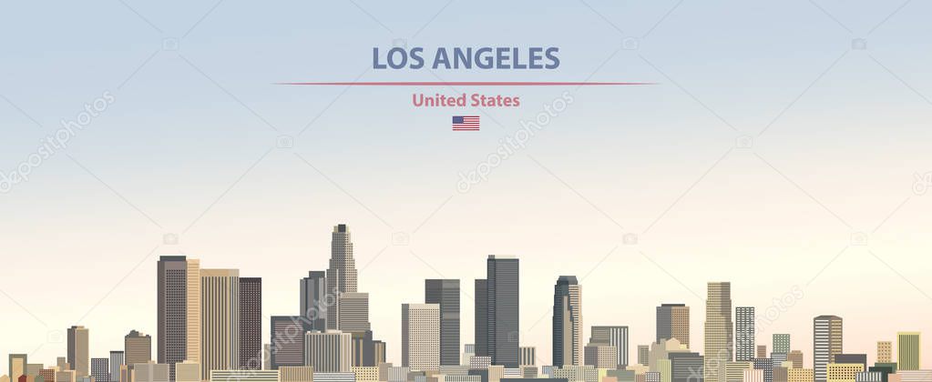 Vector illustration of Los Angeles city skyline on colorful gradient beautiful day sky background with flag of United States