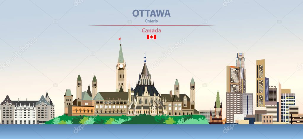 Vector illustration of Ottawa city skyline on colorful gradient beautiful day sky background with flag of Canada