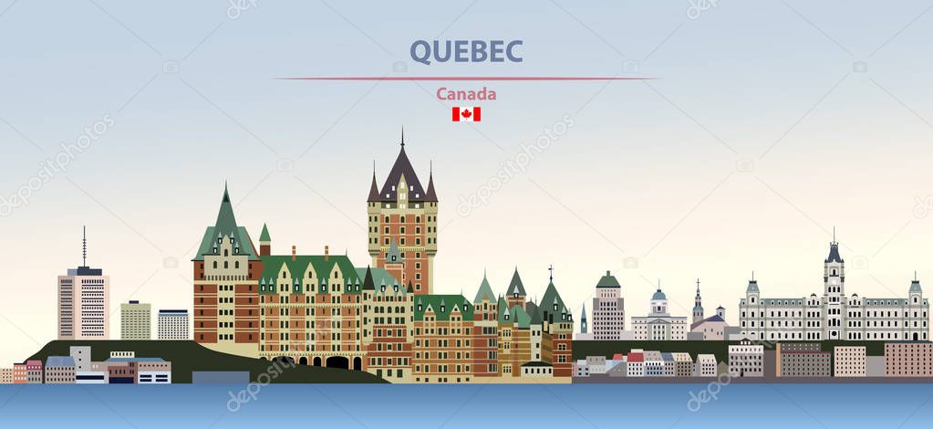 Vector illustration of Quebec city skyline on colorful gradient beautiful day sky background with flag of Canada
