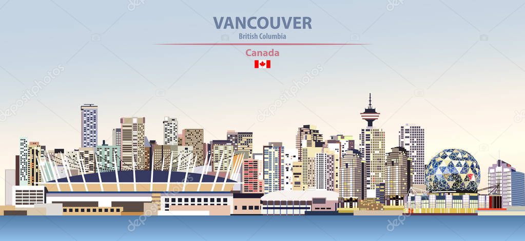 Vector illustration of Vancouver city skyline on colorful gradient beautiful day sky background with flag of Canada