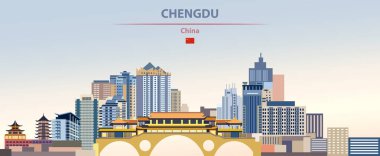Renkli degrade güzel gündüz arka plan üzerinde Chengdu şehir silueti Vektör illüstrasyon