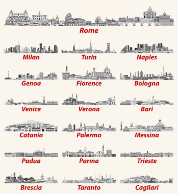 Italian cities skylines in black and white color palette. Vector high detailed illustration clipart