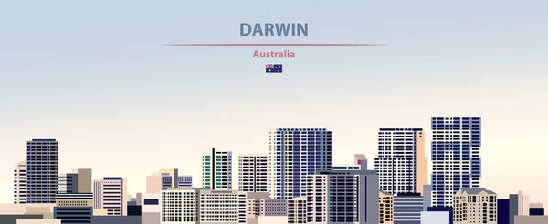 オーストラリアの旗とカラフルなグラデーション美しい日の空の背景にダーウィン市のスカイラインのベクトルイラスト — ストックベクタ