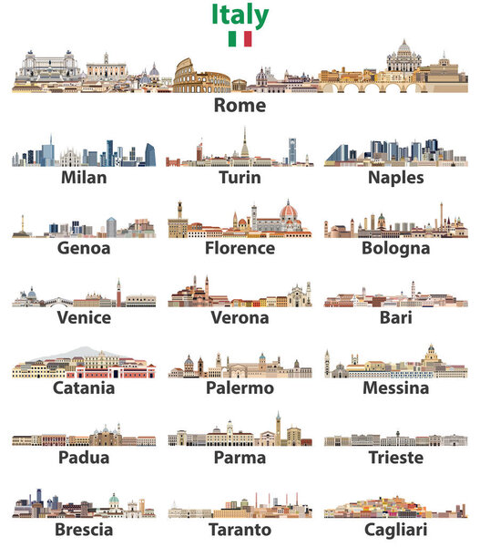 Italy cities cities skylines isolated on white background. Vector high detailed illustration
